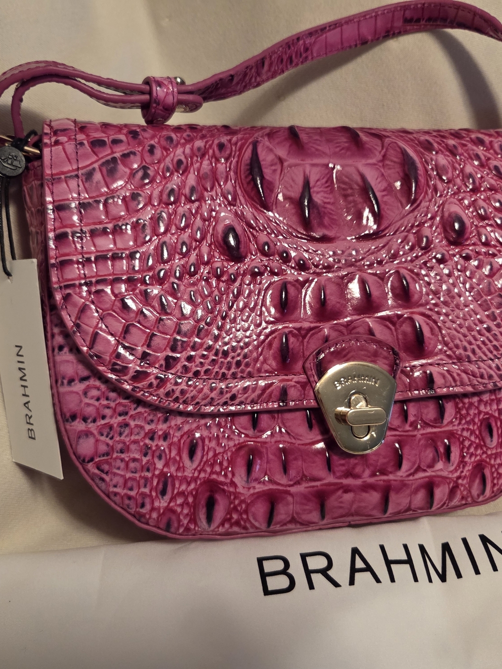 Brahmin Hot Pink Croc-Embossed Crossbody Shoulder Bag